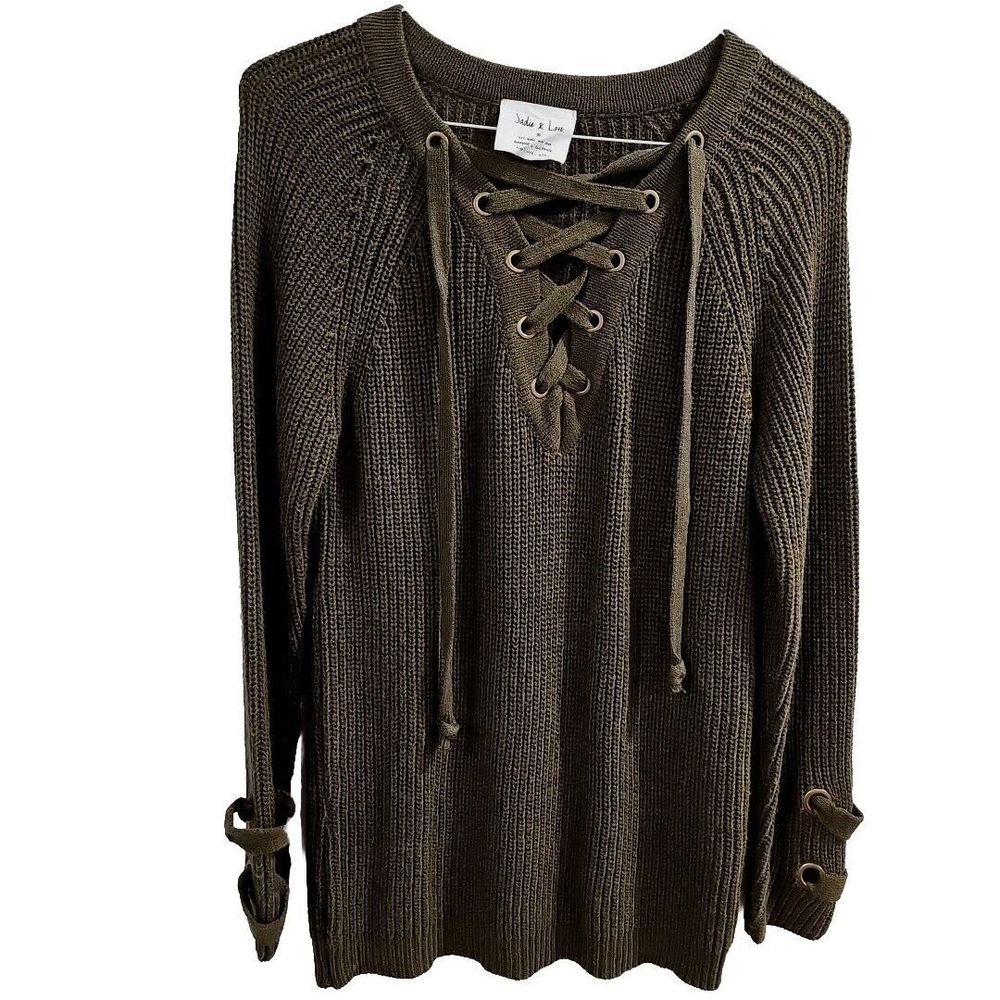 Sadie & Love Womens Pullover Green Sweater Long Sleeve Drawstring Acrylic Sz Sm